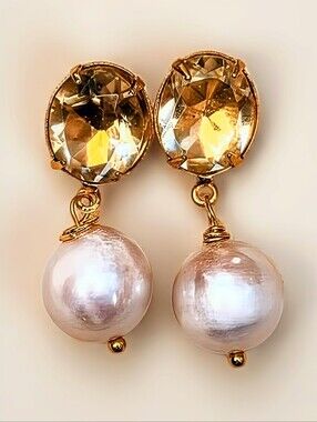 Natural  Citrine Approx. 11.7 Carats & White Baroque Pearl Gold Plated Earrings